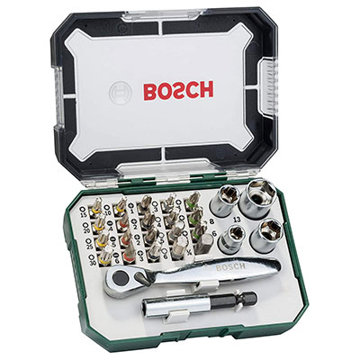 Bosch 2607017322 26-Piece Screwdriver Bit and Ratchet Set.