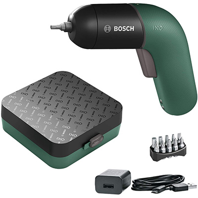 Bosch IXO 6th Generation Green with storage case and accessories.