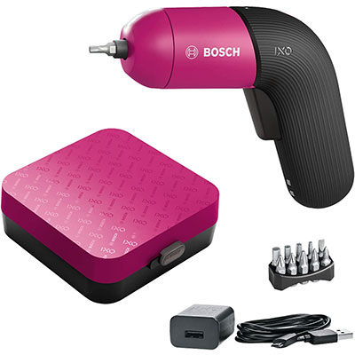 Bosch IXO 6th Generation in Raspberry Red with storage case and accessories.