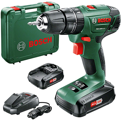 Bosch PSB 1800 LI-2 with charger, two batteries and a carry case.