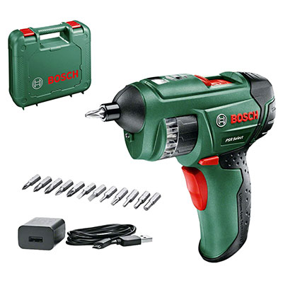 Bosch PSR Select Cordless Screwdriver with accessories.