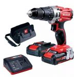 Einhell TE-CD 18/2 Li-I Kit with charger, two batteries and a carry case.