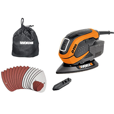 WORX WX648 D-Tail Sander with finger sander attachment, sanding sheets and bag.